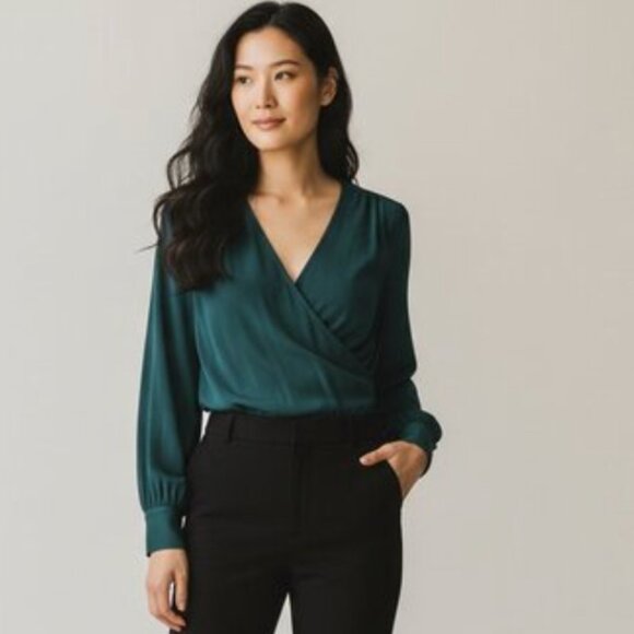 Adrianna Papell Green Faux Wrap Long Sleeve Blouse V-Neck Top Size S - Picture 1 of 14